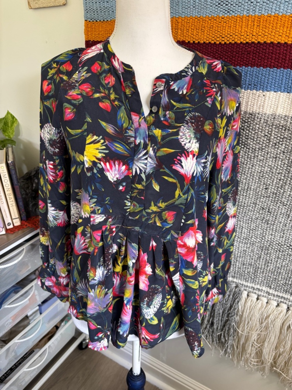 J. Crew Silk Black Floral Peplum Blouse with Multicolor Blooms Small